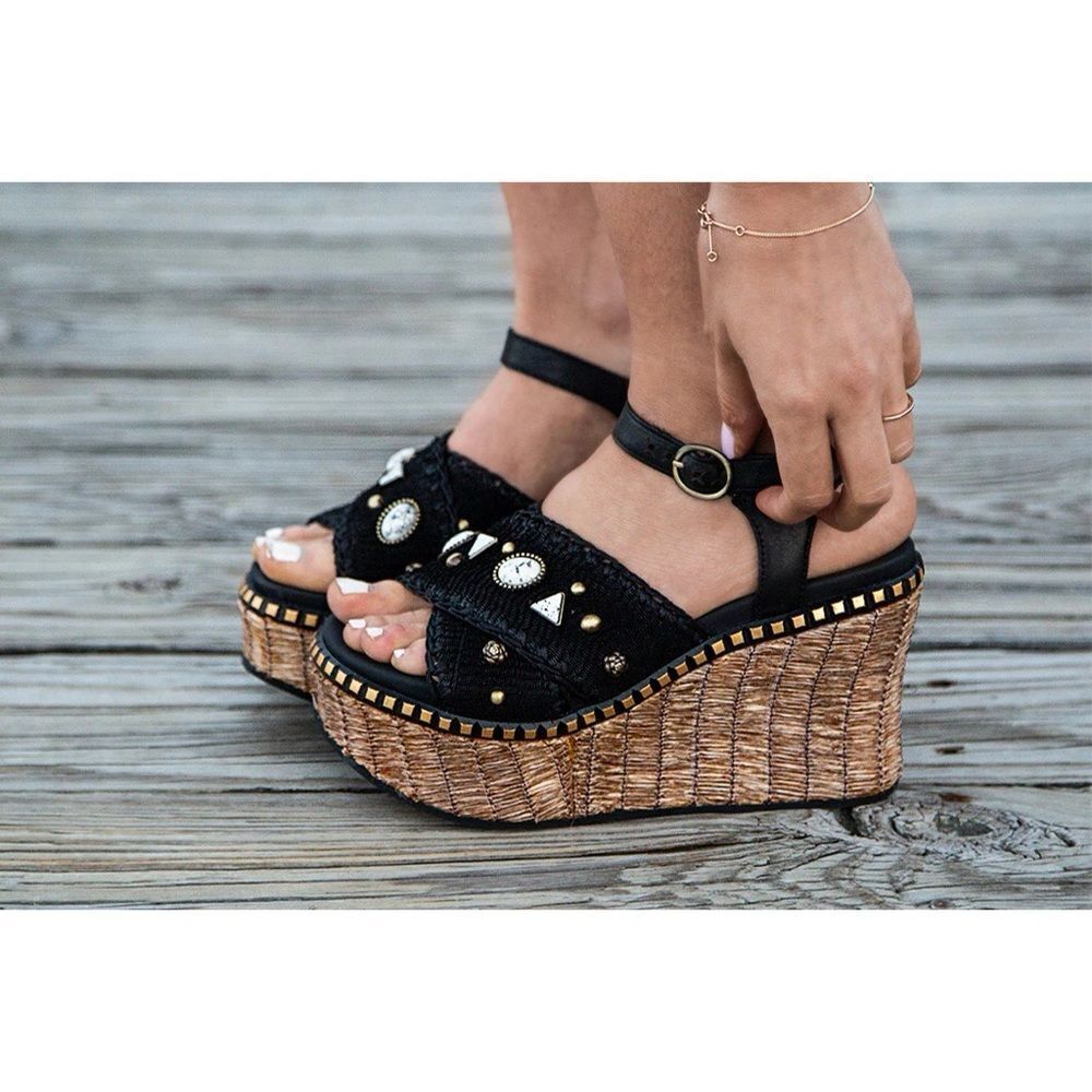 OTBT Cahoot Black Raffia Platform Wedge Sandals Beaded Slingback Size 10M